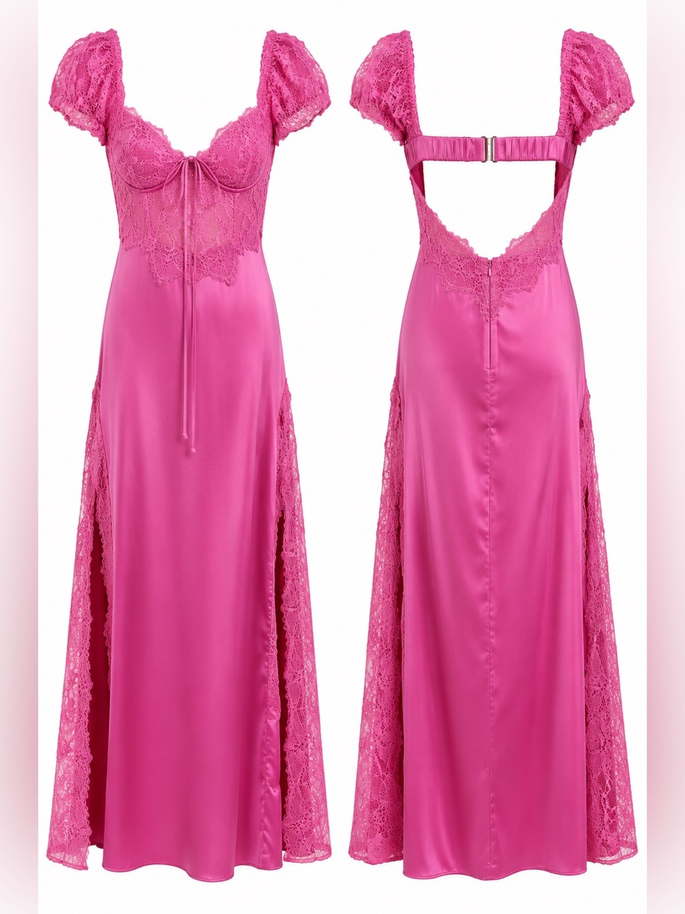 For Love & Lemons Casey Maxi Dress Pink Satin Lace Open Back Side Slit Women's M - Picture 3 of 9